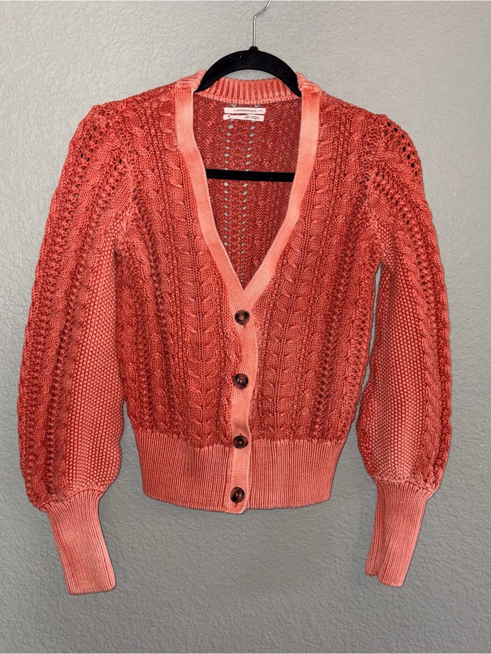 Anthropologie rust Cable Knit V-Neck Button Cardigan with removable mock neck